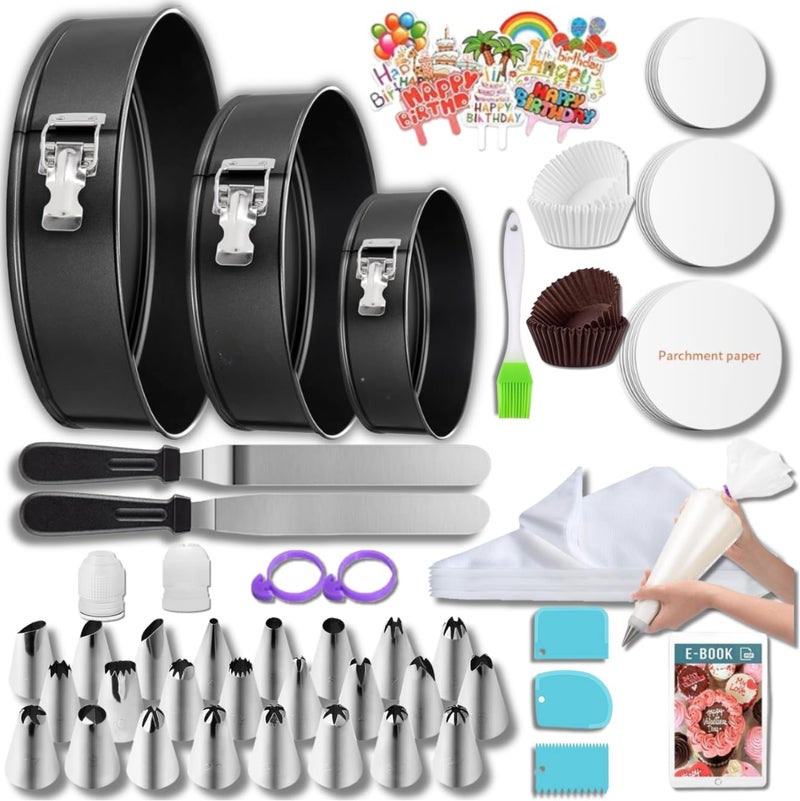 Easynzery 168pcs Cake Pan Sets for Baking + Cake Decorating Supplies: 3 Non-Stick Springform Pans Set (6, 8, 10 inches), Icing Tips – Multi-functional Leak-Proof CheeseCake Pan - Image 1
